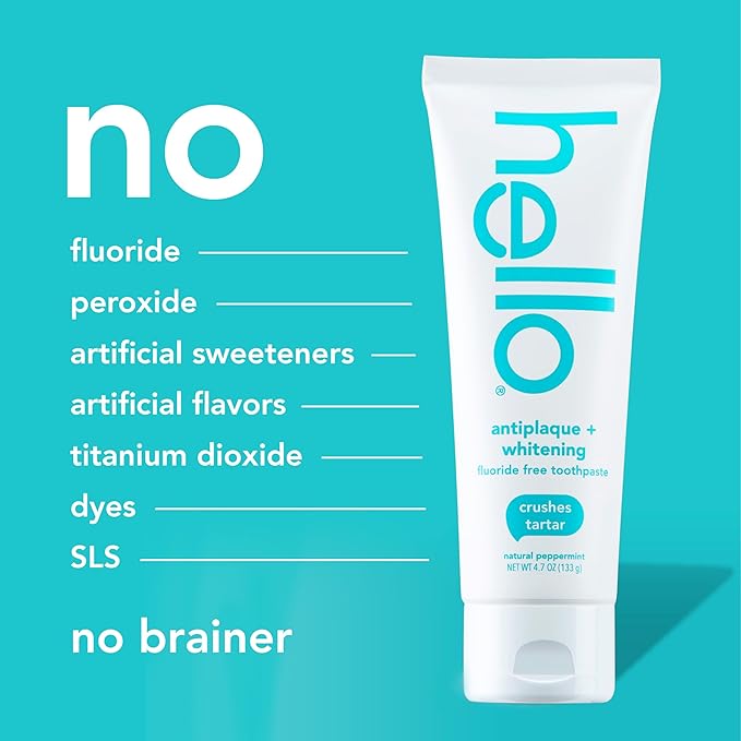 Hello Antiplaque Toothpaste, Fluoride Free for Teeth Whitening with Natural Peppermint Flavor and Tea Tree Oil, Peroxide Free, Gluten Free, SLS Free, 3 Pack, 4.7 OZ Tubes - For Health For Ethics -