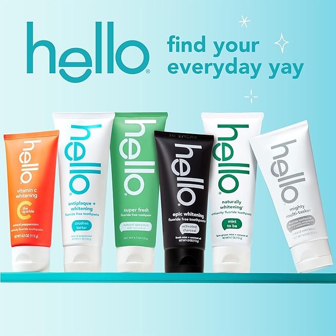 Hello Antiplaque Toothpaste, Fluoride Free for Teeth Whitening with Natural Peppermint Flavor and Tea Tree Oil, Peroxide Free, Gluten Free, SLS Free, 3 Pack, 4.7 OZ Tubes - For Health For Ethics -