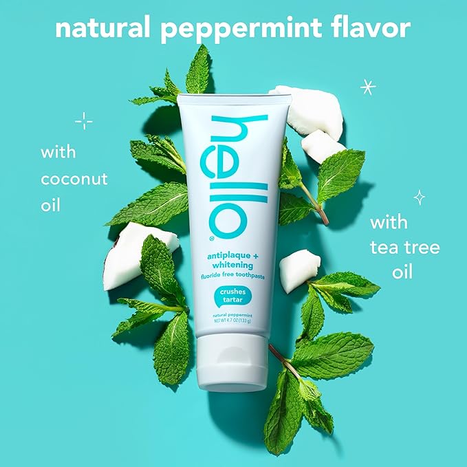 Hello Antiplaque Toothpaste, Fluoride Free for Teeth Whitening with Natural Peppermint Flavor and Tea Tree Oil, Peroxide Free, Gluten Free, SLS Free, 3 Pack, 4.7 OZ Tubes - For Health For Ethics -