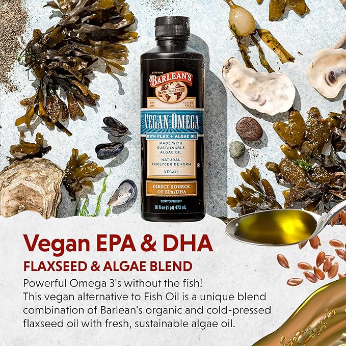 Barlean's Vegan Omega Liquid Flax and Algae Oil Plant Based EPA DHA Supplement from Algal Oil and Organic Flaxseed, Omegas 3 6 and 9 Fatty Acid Supplements, 16 Ounces - For Health For Ethics - 