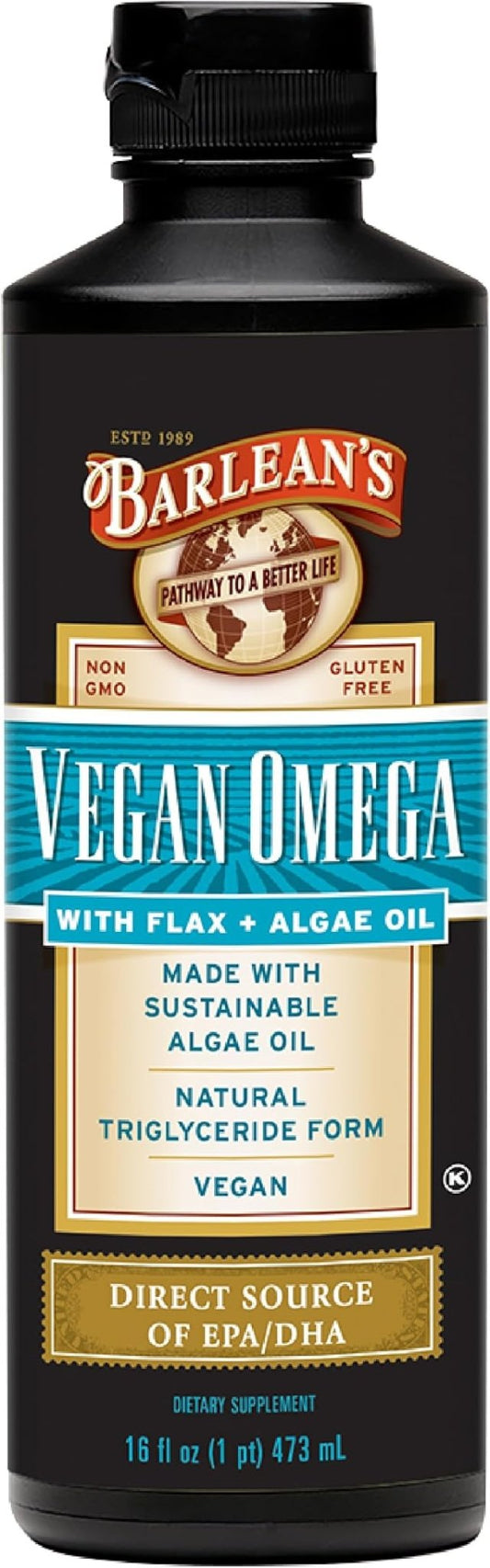 Barlean's Vegan Omega Liquid Flax and Algae Oil Plant Based EPA DHA Supplement from Algal Oil and Organic Flaxseed, Omegas 3 6 and 9 Fatty Acid Supplements, 16 Ounces - For Health For Ethics - 