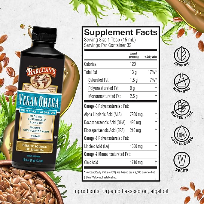 Barlean's Vegan Omega Liquid Flax and Algae Oil Plant Based EPA DHA Supplement from Algal Oil and Organic Flaxseed, Omegas 3 6 and 9 Fatty Acid Supplements, 16 Ounces - For Health For Ethics - 