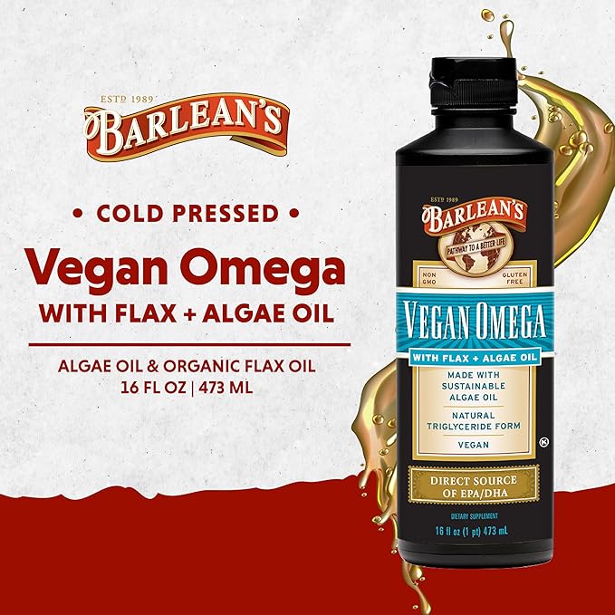 Barlean's Vegan Omega Liquid Flax and Algae Oil Plant Based EPA DHA Supplement from Algal Oil and Organic Flaxseed, Omegas 3 6 and 9 Fatty Acid Supplements, 16 Ounces - For Health For Ethics - 