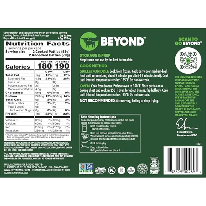 Beyond Breakfast Sausage Plant - Based Patties Box,6 Pack,7.4 Oz - For Health For Ethics - 