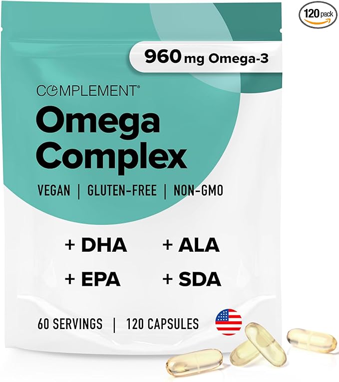 Complement Vegan Omega 3 Supplement - 960mg Omega - 3 Fatty Acids, DHA, EPA, SDA, ALA Supplement - Immune Support - 60 Servings, 120 Liquid Capsules - For Health For Ethics - 