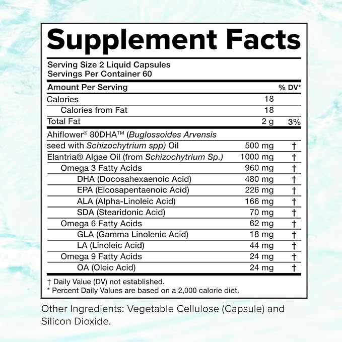 Complement Vegan Omega 3 Supplement - 960mg Omega - 3 Fatty Acids, DHA, EPA, SDA, ALA Supplement - Immune Support - 60 Servings, 120 Liquid Capsules - For Health For Ethics - 