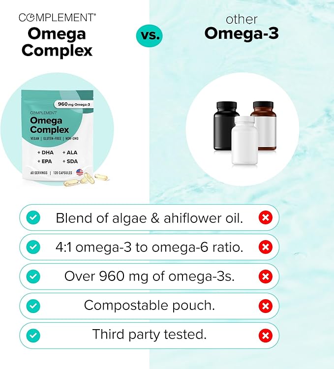 Complement Vegan Omega 3 Supplement - 960mg Omega - 3 Fatty Acids, DHA, EPA, SDA, ALA Supplement - Immune Support - 60 Servings, 120 Liquid Capsules - For Health For Ethics - 