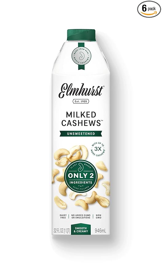 Elmhurst 1925 Cashew Milk, Unsweetened Cashew Milk, Shelf Stable Cashew Milk, Vegan, Kosher, Nondairy, Sugar Free, Non GMO, Plant Based Alternative Milk, Made With Water And Cashews, Simpler Better, 32 Ounce (Pack of 6) - For Health For Ethics - 