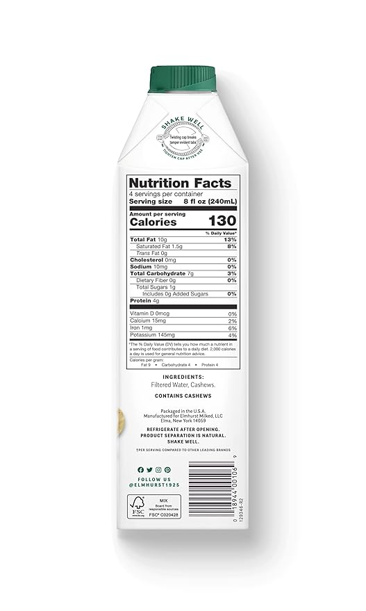 Elmhurst 1925 Cashew Milk, Unsweetened Cashew Milk, Shelf Stable Cashew Milk, Vegan, Kosher, Nondairy, Sugar Free, Non GMO, Plant Based Alternative Milk, Made With Water And Cashews, Simpler Better, 32 Ounce (Pack of 6) - For Health For Ethics - 