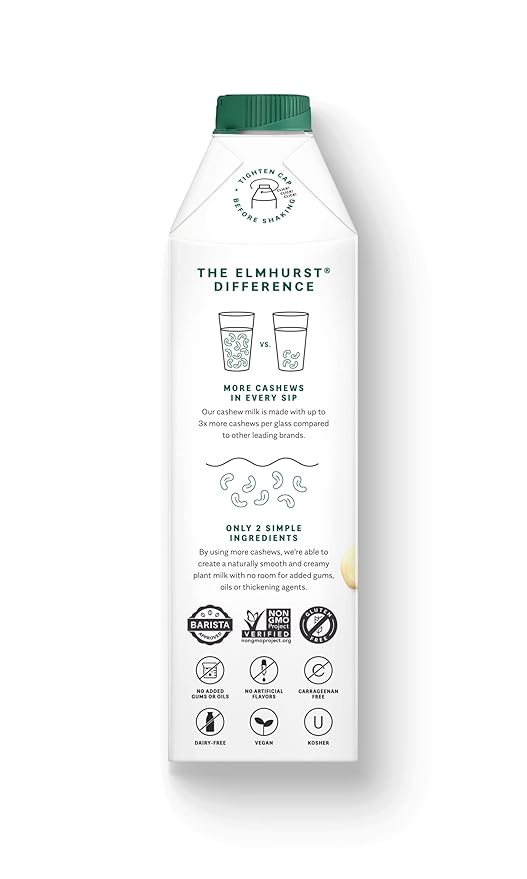 Elmhurst 1925 Cashew Milk, Unsweetened Cashew Milk, Shelf Stable Cashew Milk, Vegan, Kosher, Nondairy, Sugar Free, Non GMO, Plant Based Alternative Milk, Made With Water And Cashews, Simpler Better, 32 Ounce (Pack of 6) - For Health For Ethics - 