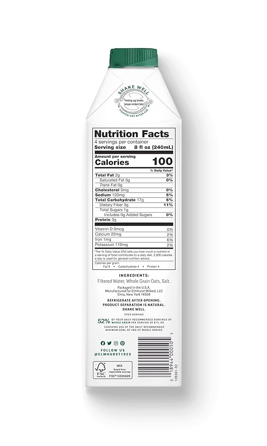 Elmhurst 1925 Milked Oats Unsweetened Oat Milk, 32 Ounce (Pack of 6) - For Health For Ethics - 