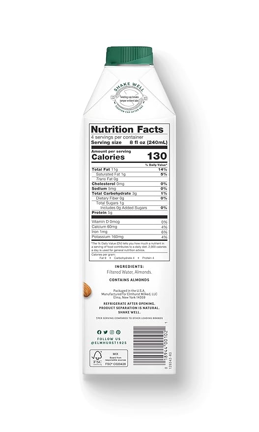 Elmhurst 1925 Unsweetened Almond Milk, 32 Ounce (Pack of 6) - For Health For Ethics - 