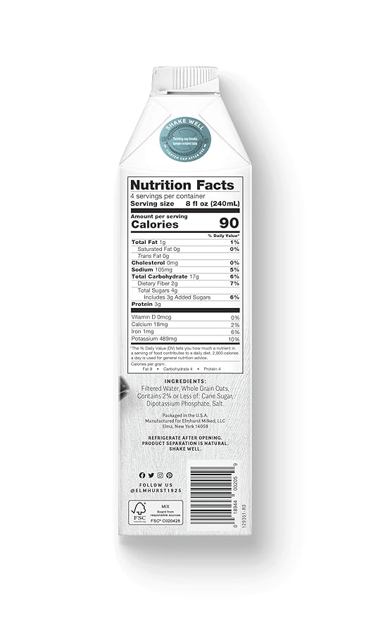 Elmhurst Plant - Based Milk, Oat Barista, Dairy Free, Vegan Friendly, Kosher, Gluten Free & Non - GMO, 32 Fluid Ounce (Pack of 6) - For Health For Ethics - 