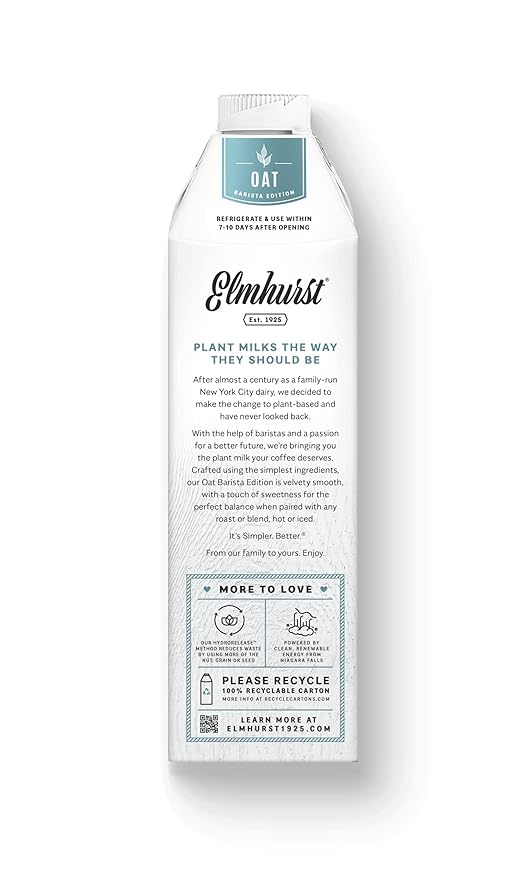 Elmhurst Plant - Based Milk, Oat Barista, Dairy Free, Vegan Friendly, Kosher, Gluten Free & Non - GMO, 32 Fluid Ounce (Pack of 6) - For Health For Ethics - 