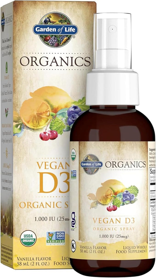 Garden of Life Organics Vegan Vitamin D3 for Women and Men, Liquid 1000 IU Per Spray, D3 Plus Omegas - Vanilla Flavor - 125 Servings - 2fl oz Liquid Whole Food D3 Vitamin Supplement - For Health For Ethics - 