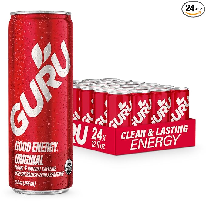 GURU Original Organic Energy Drinks, Clean Energy Drink with Plant Based Natural Caffeine from Green Tea, Gluten Free and Vegan, 140MG Caffeine, Healthy Drinks, 12oz (Pack of 24) - For Health For Ethics - 