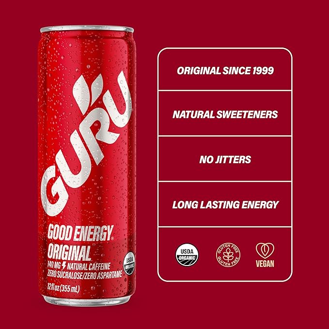 GURU Original Organic Energy Drinks, Clean Energy Drink with Plant Based Natural Caffeine from Green Tea, Gluten Free and Vegan, 140MG Caffeine, Healthy Drinks, 12oz (Pack of 24) - For Health For Ethics - 