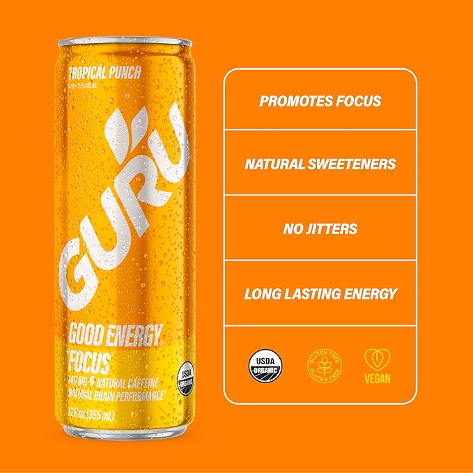 GURU Tropical Punch Organic Energy Drinks, Clean Energy Drink with Plant Based Natural Caffeine from Green Tea + L Theanine, Gluten Free and Vegan, 140MG Caffeine, Healthy Drinks, 12oz (Pack of 24) - For Health For Ethics - 