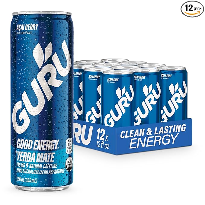 GURU Yerba Mate Organic Energy Drinks, Clean Energy Drink with Plant Based Natural Caffeine from Green Tea, Low Calorie, Gluten Free, 140mg Caffeine, Healthy Drinks, Acai Berry, 12oz (Pack of 12) - For Health For Ethics - 