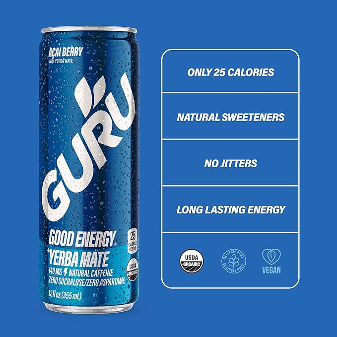 GURU Yerba Mate Organic Energy Drinks, Clean Energy Drink with Plant Based Natural Caffeine from Green Tea, Low Calorie, Gluten Free, 140mg Caffeine, Healthy Drinks, Acai Berry, 12oz (Pack of 12) - For Health For Ethics - 