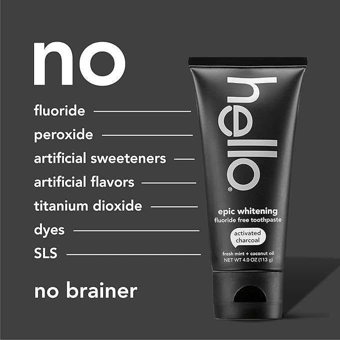 Hello Activated Charcoal Toothpaste, Fluoride Free with Activated Charcoal, Teeth Whitening Toothpaste with Fresh Mint and Coconut Oil, No SLS, Vegan, Gluten Free, 3 Pack, 4 OZ Tubes - For Health For Ethics - 