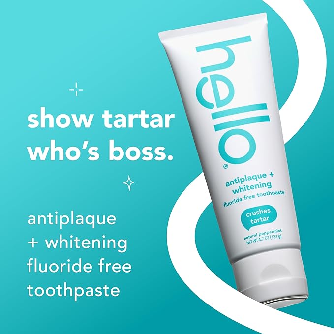 Hello Antiplaque Toothpaste, Fluoride Free for Teeth Whitening with Natural Peppermint Flavor and Tea Tree Oil, Peroxide Free, Gluten Free, SLS Free, 3 Pack, 4.7 OZ Tubes - For Health For Ethics - 