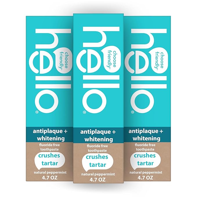 Hello Antiplaque Toothpaste, Fluoride Free for Teeth Whitening with Natural Peppermint Flavor and Tea Tree Oil, Peroxide Free, Gluten Free, SLS Free, 3 Pack, 4.7 OZ Tubes - For Health For Ethics - 