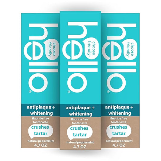 Hello Antiplaque Toothpaste, Fluoride Free for Teeth Whitening with Natural Peppermint Flavor and Tea Tree Oil, Peroxide Free, Gluten Free, SLS Free, 3 Pack, 4.7 OZ Tubes - For Health For Ethics - 