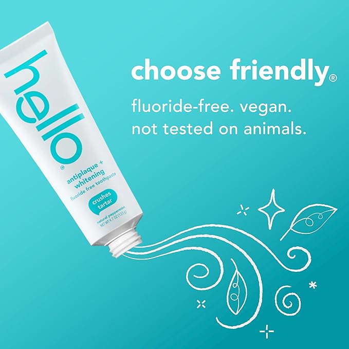 Hello Antiplaque Toothpaste, Fluoride Free for Teeth Whitening with Natural Peppermint Flavor and Tea Tree Oil, Peroxide Free, Gluten Free, SLS Free, 3 Pack, 4.7 OZ Tubes - For Health For Ethics - 