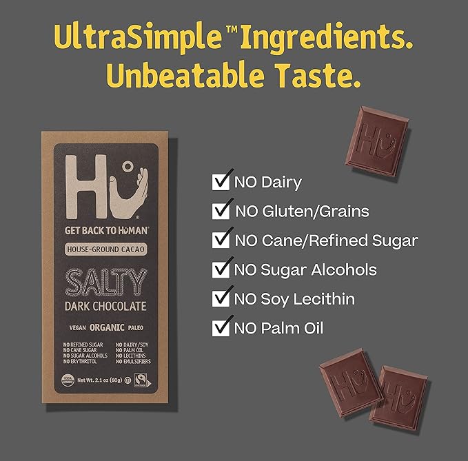 Hu Chocolate Bars | 12 Pack Salty Chocolate | Natural Organic Vegan, Gluten Free, Paleo, Non GMO, Fair Trade Dark Chocolate | 2.1oz Each - For Health For Ethics - 