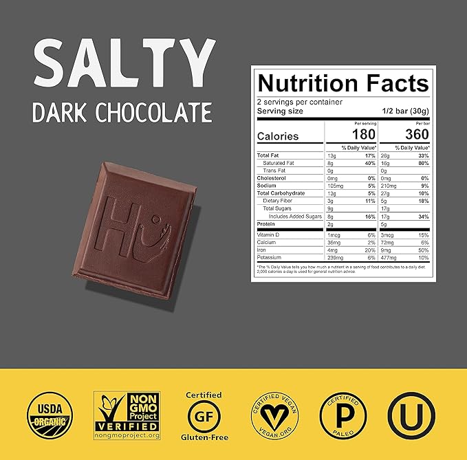 Hu Chocolate Bars | 12 Pack Salty Chocolate | Natural Organic Vegan, Gluten Free, Paleo, Non GMO, Fair Trade Dark Chocolate | 2.1oz Each - For Health For Ethics - 