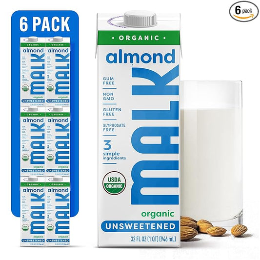 MALK Almond Milk Unsweetened (32oz, Pack of 6) - Shelf Stable Organic Almond Milk, Non GMO, Whole 30, Dairy Free, Vegan, Plant Based, No Gums or Fillers - Malk for Smoothies, Cereal, Coffee, Creamer - For Health For Ethics - 