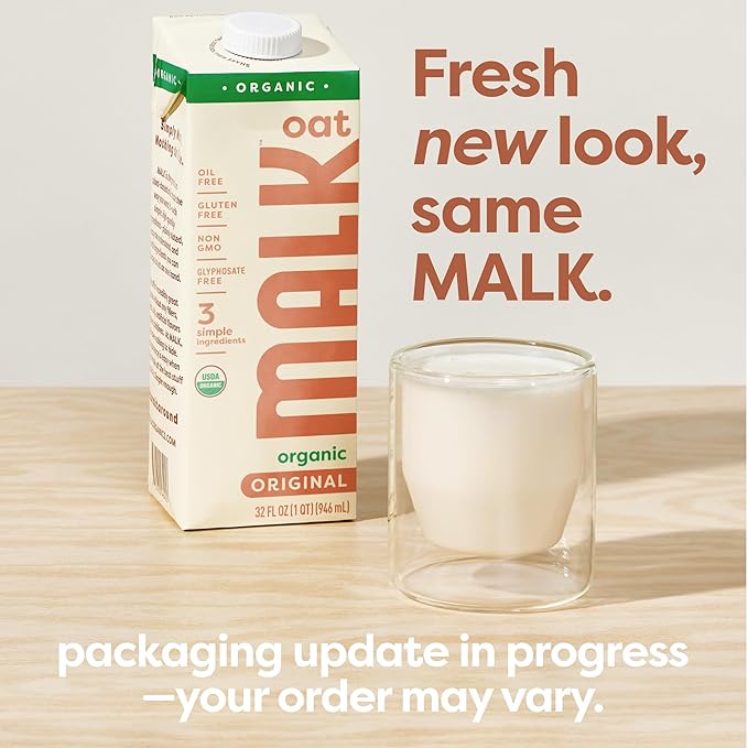 MALK Oat Milk Unsweetened (32oz, Pack of 6) - Shelf Stable Organic Oat Milk, Non GMO, Whole 30, Dairy Free, Vegan, Plant Based, No Gums or Fillers - Malk Oatmilk for Smoothies, Cereal, Coffee, Lattes - For Health For Ethics - 