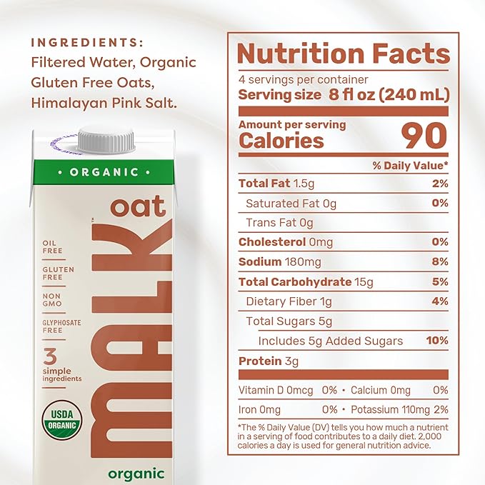 MALK Oat Milk Unsweetened (32oz, Pack of 6) - Shelf Stable Organic Oat Milk, Non GMO, Whole 30, Dairy Free, Vegan, Plant Based, No Gums or Fillers - Malk Oatmilk for Smoothies, Cereal, Coffee, Lattes - For Health For Ethics - 