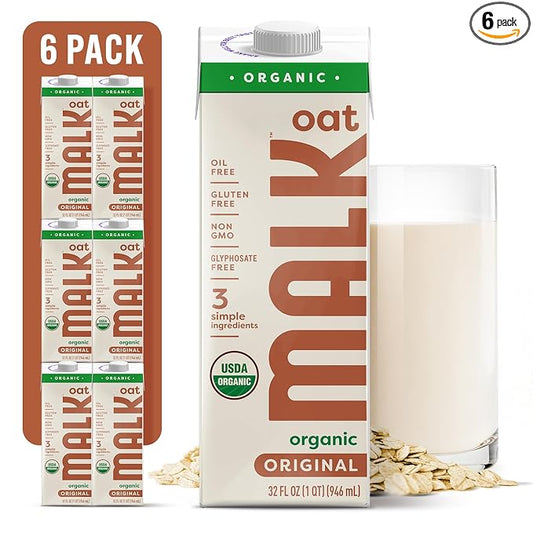 MALK Oat Milk Unsweetened (32oz, Pack of 6) - Shelf Stable Organic Oat Milk, Non GMO, Whole 30, Dairy Free, Vegan, Plant Based, No Gums or Fillers - Malk Oatmilk for Smoothies, Cereal, Coffee, Lattes - For Health For Ethics - 