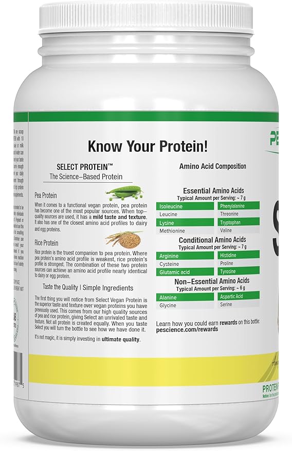 PEScience Select Vegan Plant Based Protein Powder, Vanilla, 27 Serving, Premium Pea and Brown Rice Blend - For Health For Ethics - 