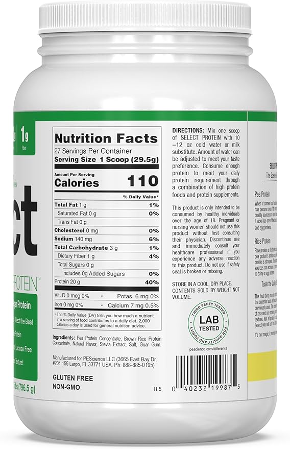 PEScience Select Vegan Plant Based Protein Powder, Vanilla, 27 Serving, Premium Pea and Brown Rice Blend - For Health For Ethics - 