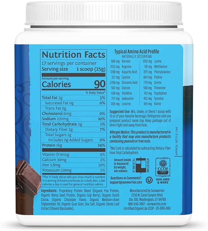 Sunwarrior Vegan Protein Powder Plant - Based USDA Organic | BCAA Amino Acids Hemp Seed | Keto Friendly Soy, Dairy, Gluten, & Synthetic Free Non - GMO | Chocolate 17 Servings 16g - For Health For Ethics - 