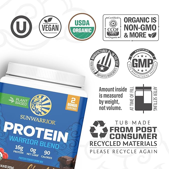 Sunwarrior Vegan Protein Powder Plant - Based USDA Organic | BCAA Amino Acids Hemp Seed | Keto Friendly Soy, Dairy, Gluten, & Synthetic Free Non - GMO | Chocolate 17 Servings 16g - For Health For Ethics - 