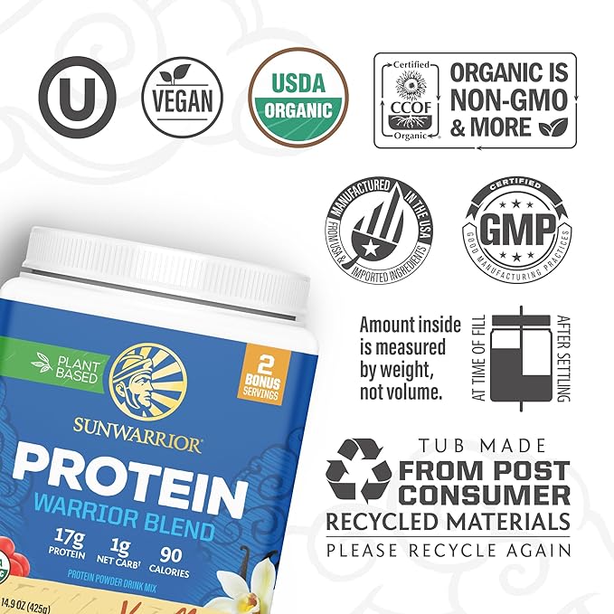 Sunwarrior Vegan Protein Powder Plant - Based USDA Organic | BCAA Amino Acids Hemp Seed | Keto Friendly Soy, Dairy, Gluten, & Synthetic Free Non - GMO | Vanilla 17 Servings 17g - For Health For Ethics - 