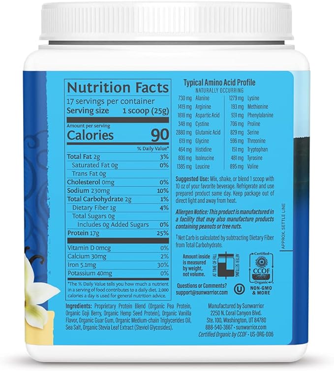 Sunwarrior Vegan Protein Powder Plant - Based USDA Organic | BCAA Amino Acids Hemp Seed | Keto Friendly Soy, Dairy, Gluten, & Synthetic Free Non - GMO | Vanilla 17 Servings 17g - For Health For Ethics - 