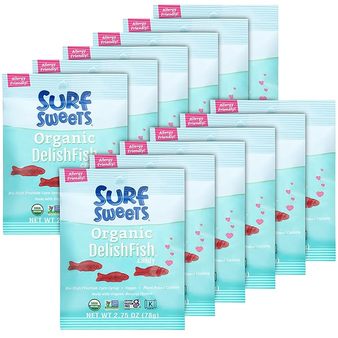 Surf Sweets Organic DelishFish Candy - Sweet Vegan Candy Fish, Gluten Free Snack for Kids and Adults, Kosher, Raspberry Fruit Flavor, Sweetened with Organic Cane Sugar - 2.75 oz Bag (Pack of 12) - For Health For Ethics - 