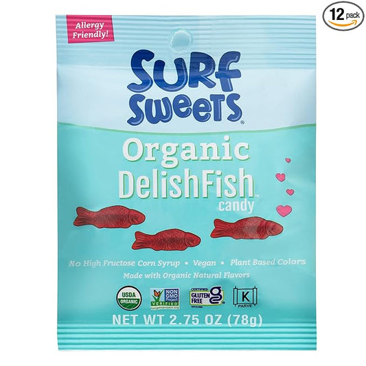 Surf Sweets Organic DelishFish Candy - Sweet Vegan Candy Fish, Gluten Free Snack for Kids and Adults, Kosher, Raspberry Fruit Flavor, Sweetened with Organic Cane Sugar - 2.75 oz Bag (Pack of 12) - For Health For Ethics - 