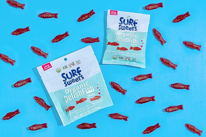 Surf Sweets Organic DelishFish Candy - Sweet Vegan Candy Fish, Gluten Free Snack for Kids and Adults, Kosher, Raspberry Fruit Flavor, Sweetened with Organic Cane Sugar - 2.75 oz Bag (Pack of 12) - For Health For Ethics - 