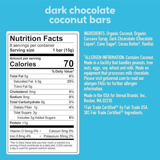 UNREAL Dark Chocolate Coconut Bars (Value Size Bag) | Vegan, 3g Sugar, & 3 Simple Ingredients | Non - GMO, Gluten Free, & Fair Trade | 9.5oz - For Health For Ethics - 