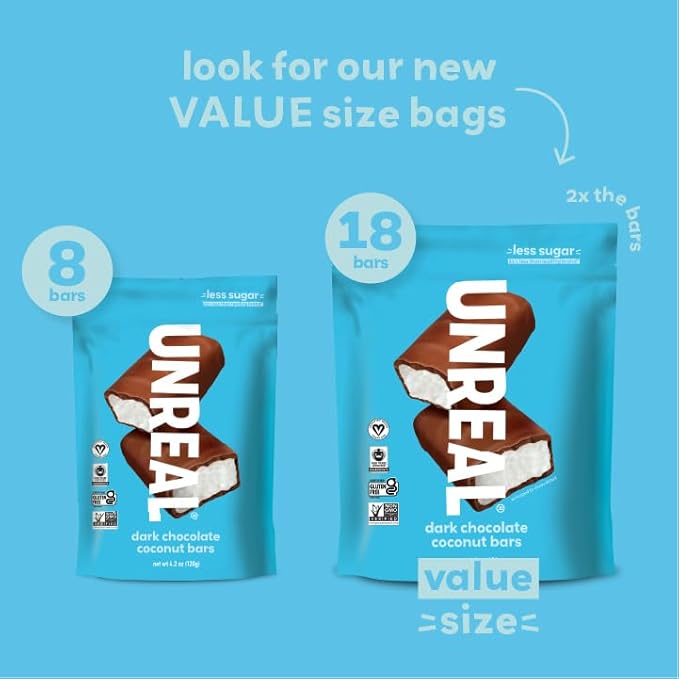 UNREAL Dark Chocolate Coconut Bars (Value Size Bag) | Vegan, 3g Sugar, & 3 Simple Ingredients | Non - GMO, Gluten Free, & Fair Trade | 9.5oz - For Health For Ethics - 