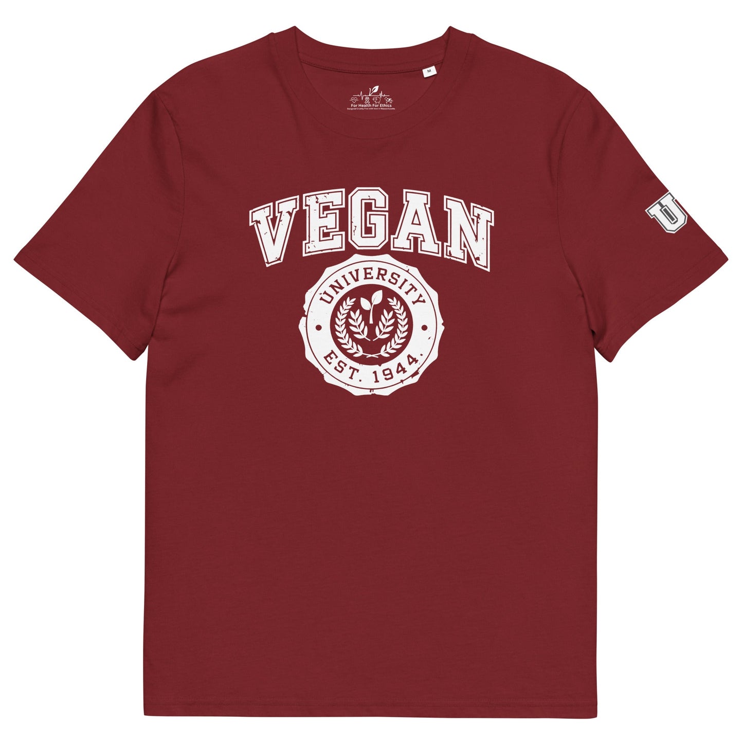 Vegan University T-shirt - For Health For Ethics - Cardinal/White