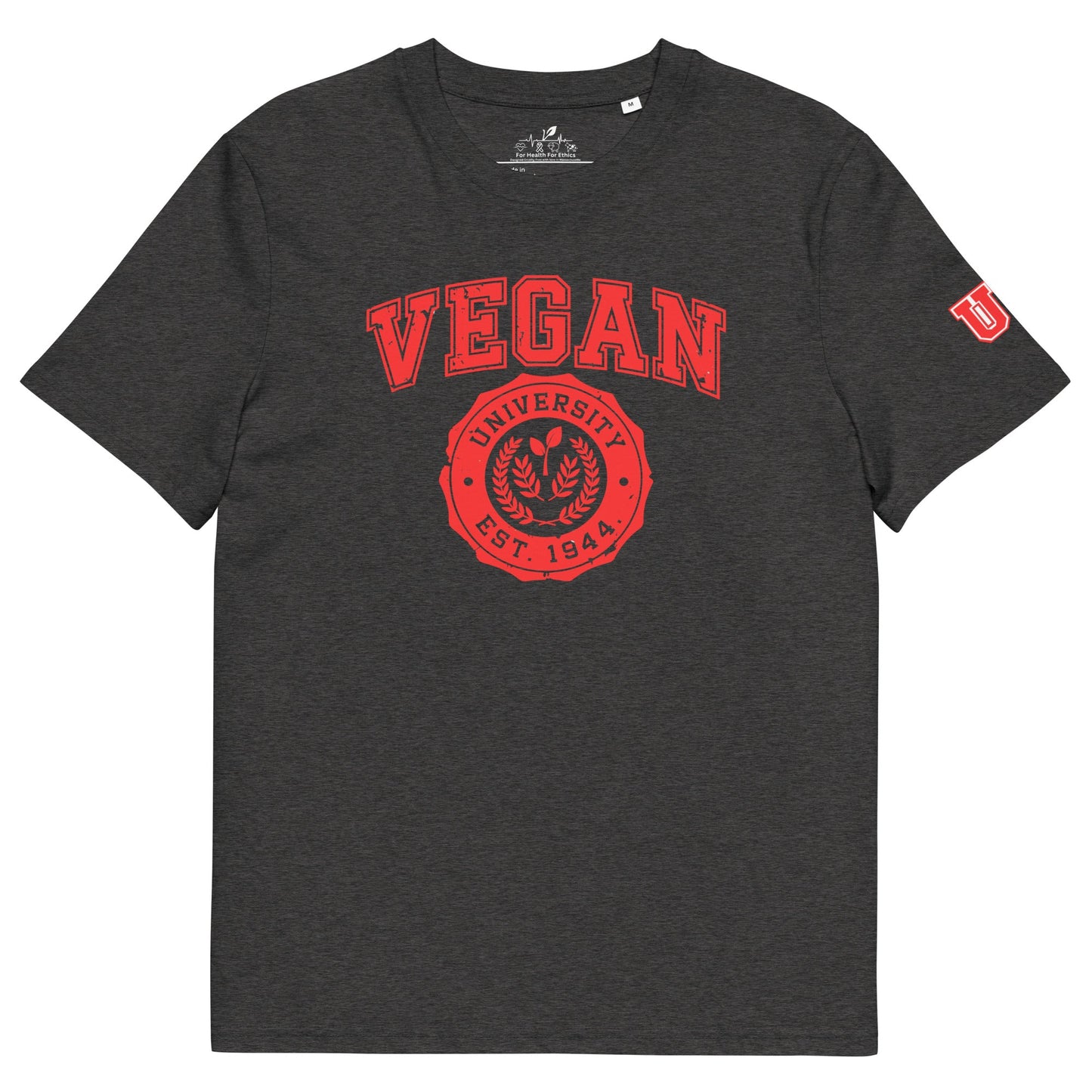 Vegan University T-shirt - For Health For Ethics - Dark Heather Grey/Red