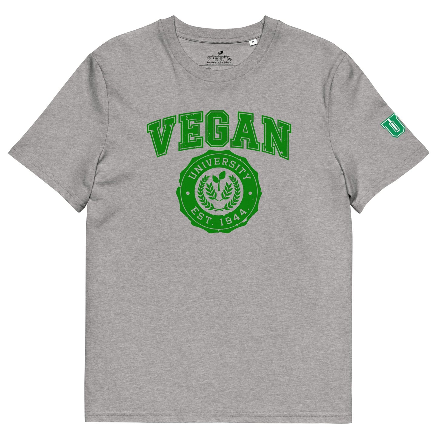 Vegan University T-shirt - For Health For Ethics - Heather Grey/Green