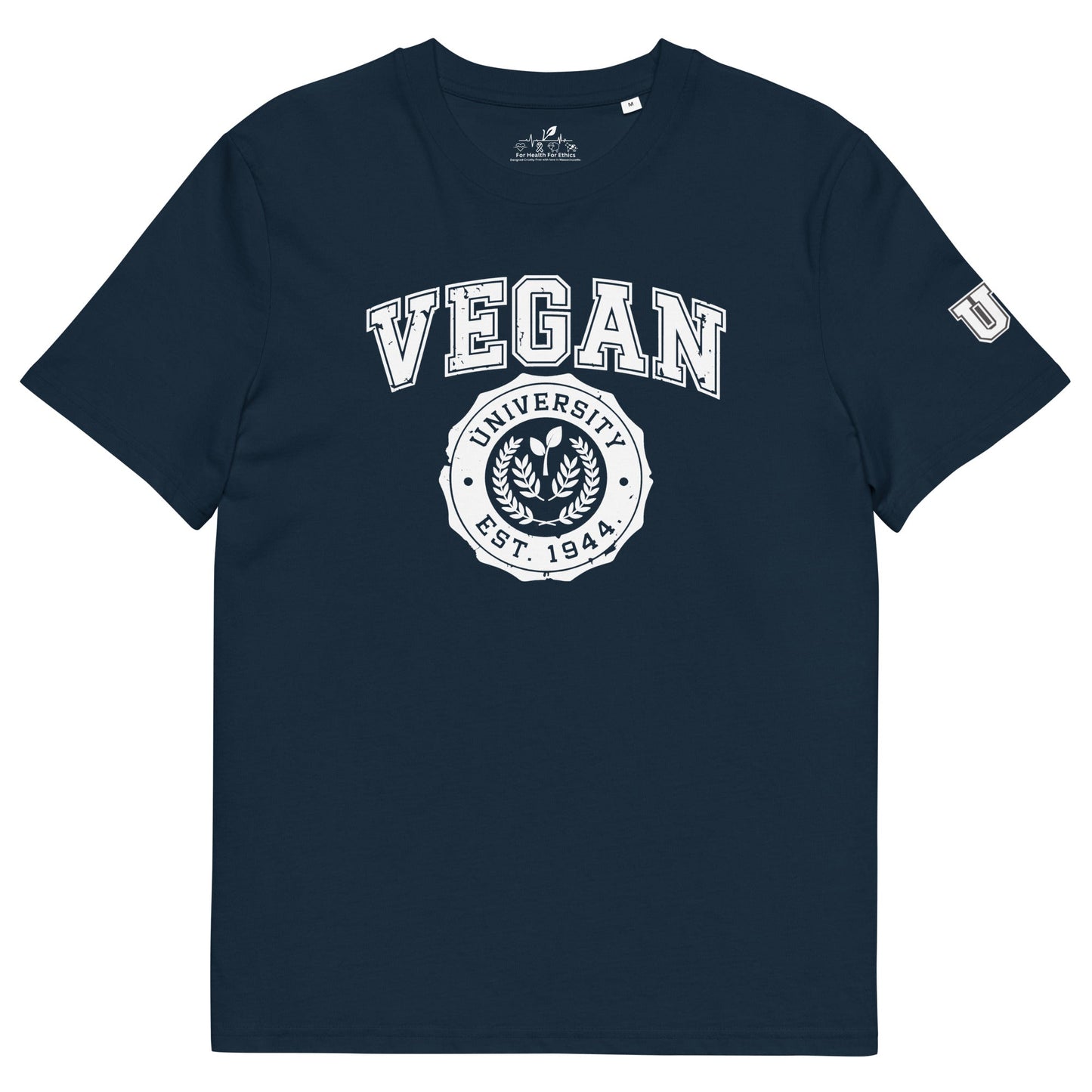 Vegan University T-shirt - For Health For Ethics - Navy/White